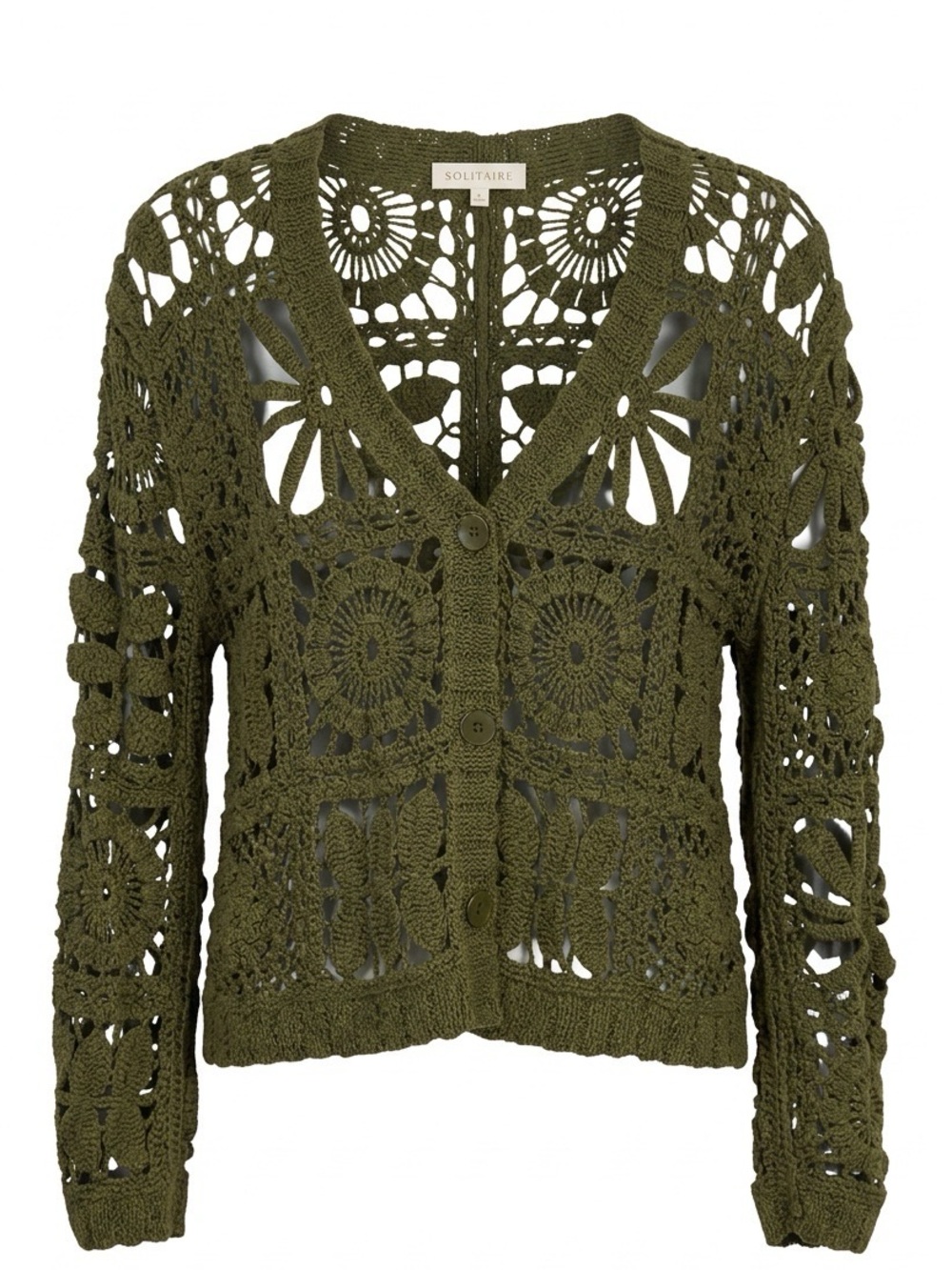 Solitaire Olive Green Open Work Floral Crochet Button Front Cardigan - Size S